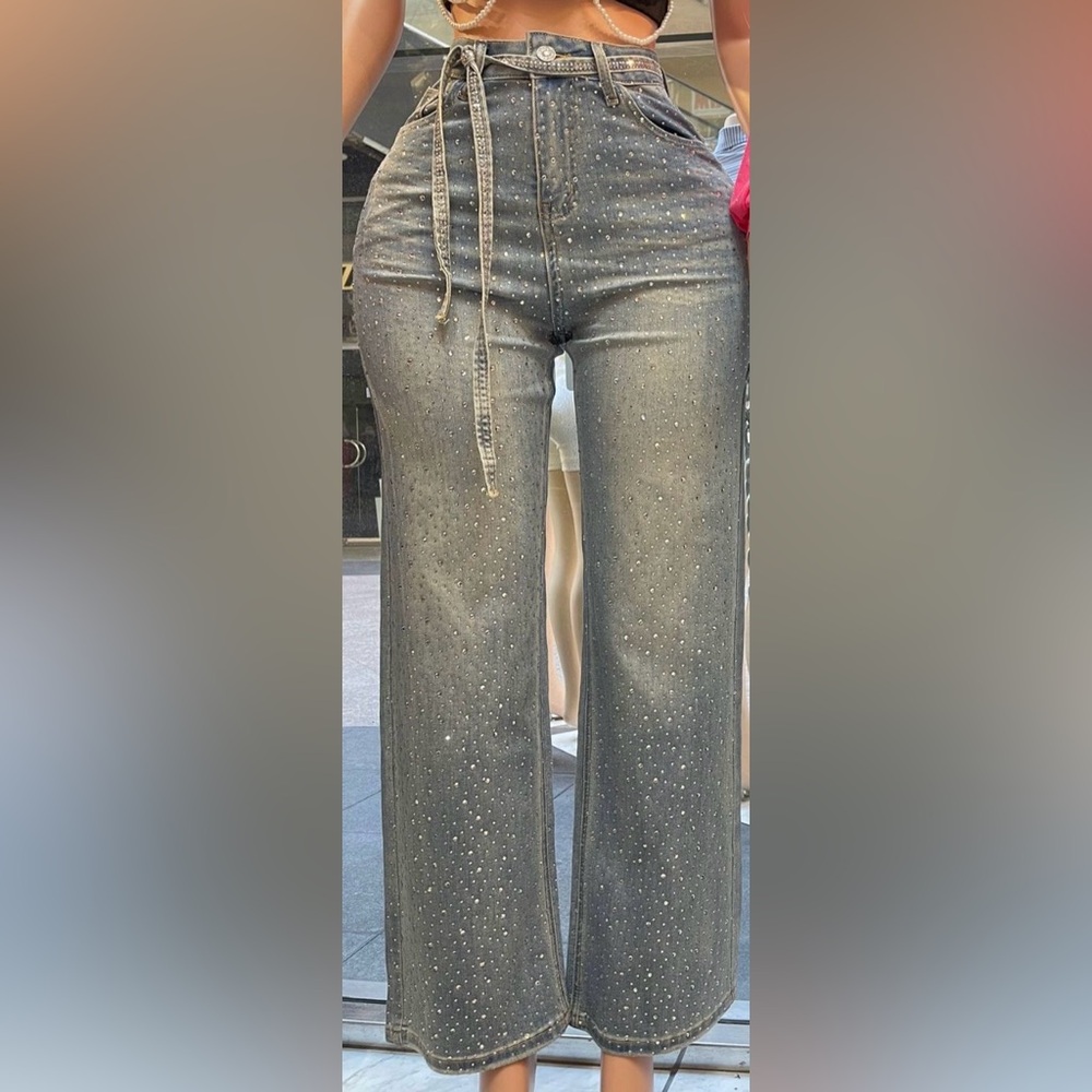 High-Waisted Wide Leg Jeans with Rhinestones